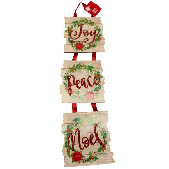 Christmas house Hanging Wall Decor Joy Peace Noel Text & Wreath Design 21" READ - Picture 1 of 6